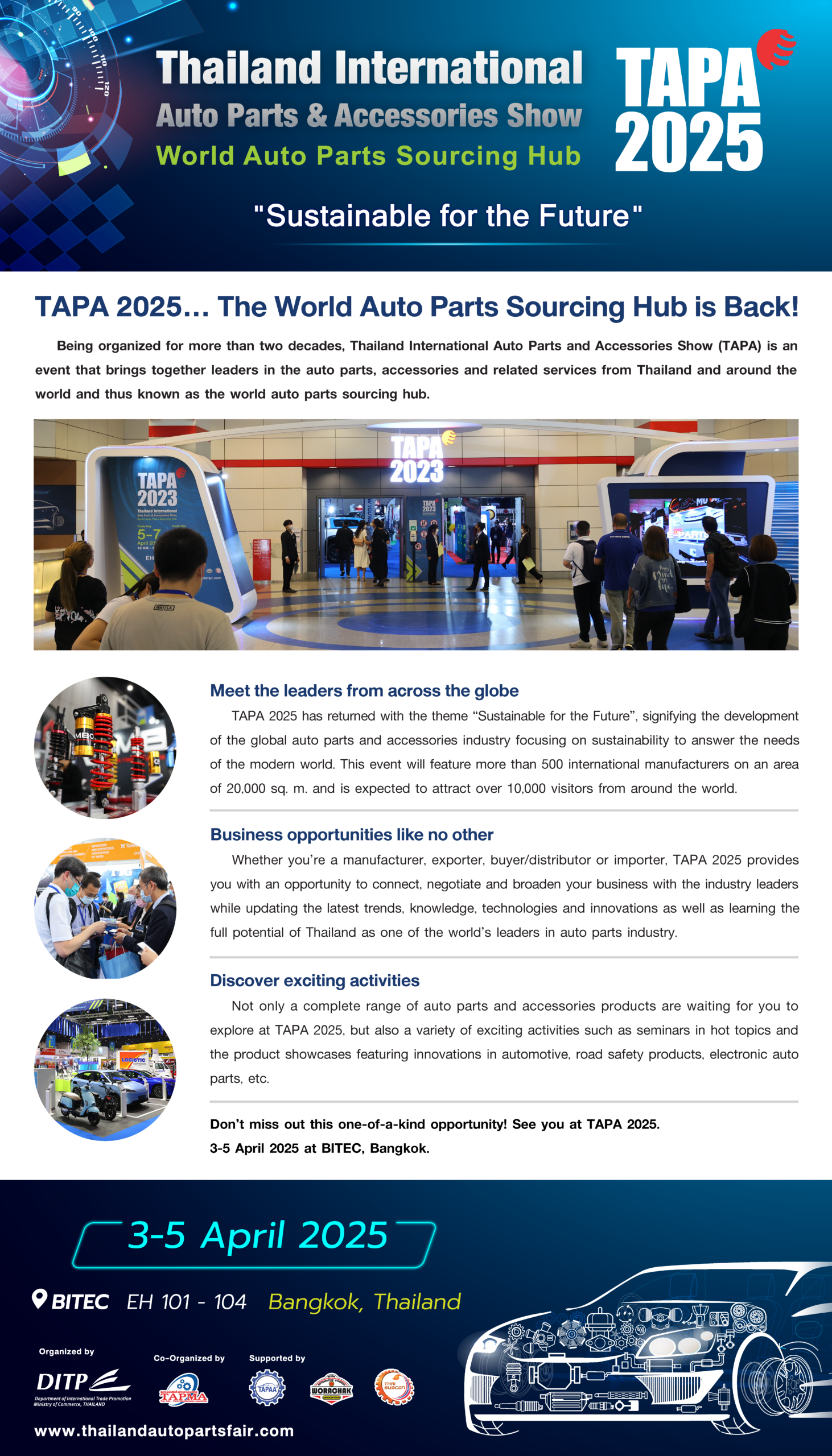 ขอเชิญเข้าร่วมงาน TAPA 2025 – Thailand International Auto Parts & Accessories Show สุดยอดงานแสดงสินค้า ชิ้นส่วนยานยนต์และอุปกรณ์ตกแต่งระดับนานาชาติ ที่คุณไม่ควรพลาด!